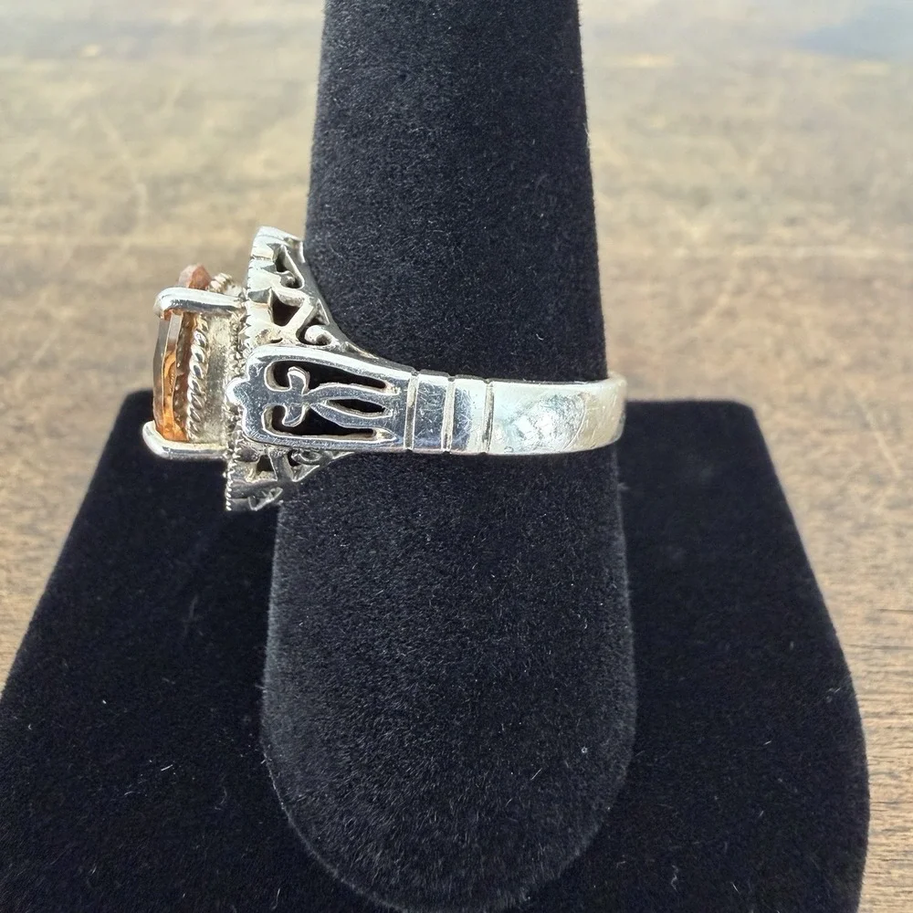 Sterling Silver Ring Oval‎ Orange CZ Marcasite Accent Oxidized Finish Size 8.75